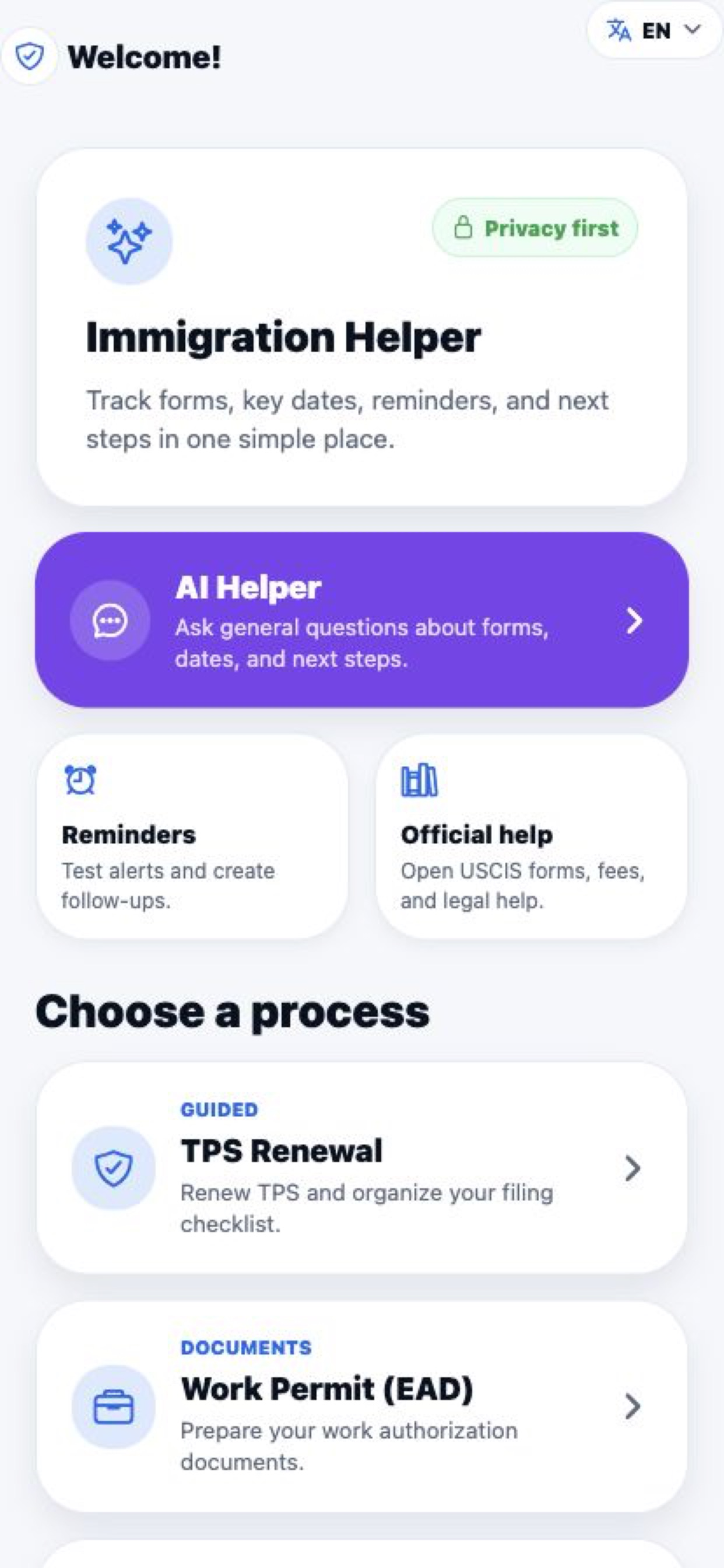 CasePilot home screen showing guided tools and reminders